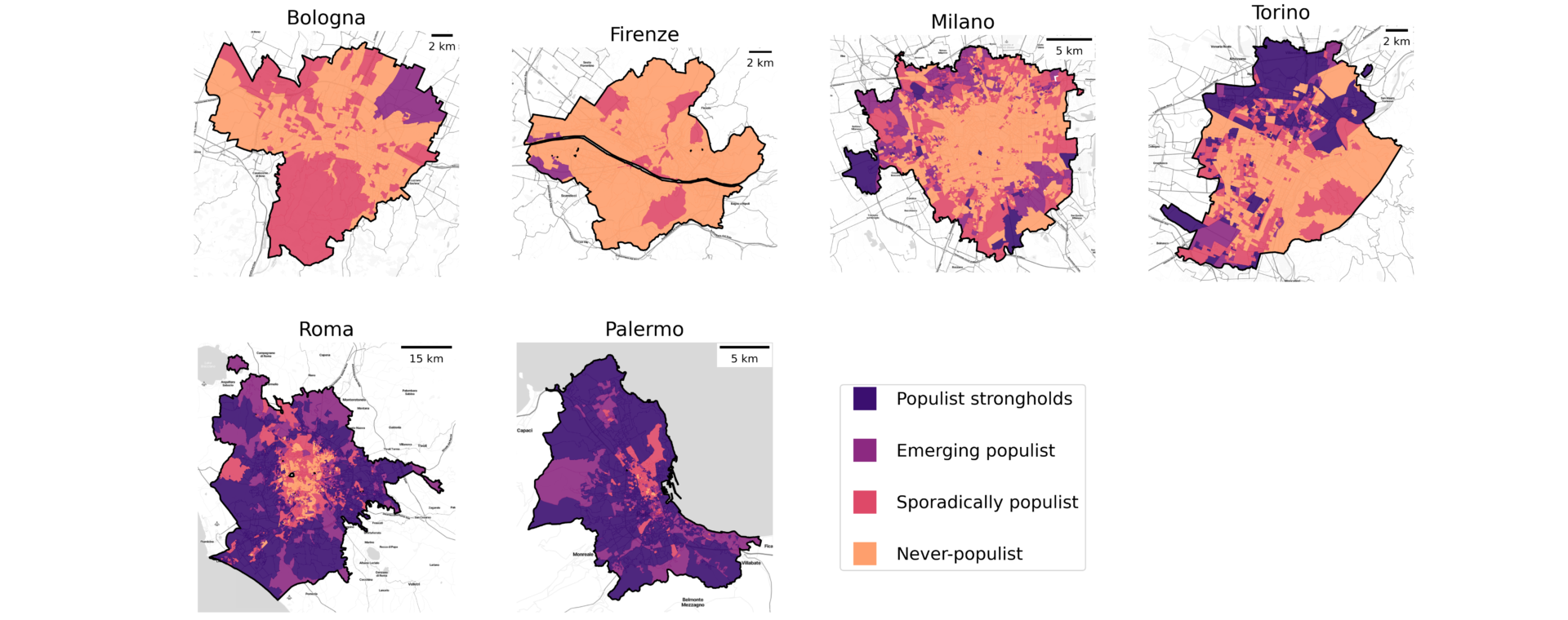 Map of populist strongholds in italy. Mappa quartieri che votano populisti